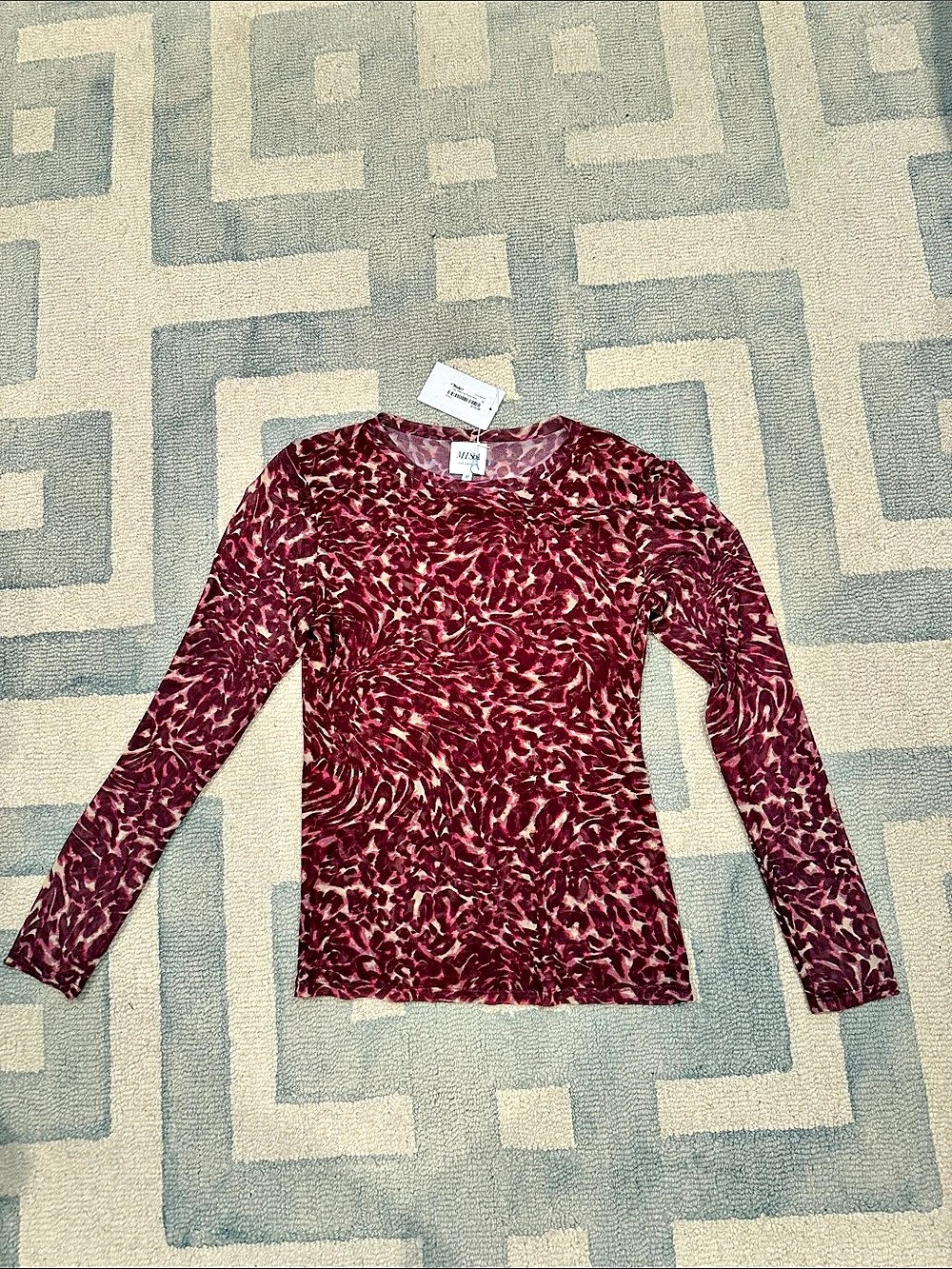 Misa Abstract Long Sleeve Lulu Mesh Top in Burgundy & Pink Size Medium NWT